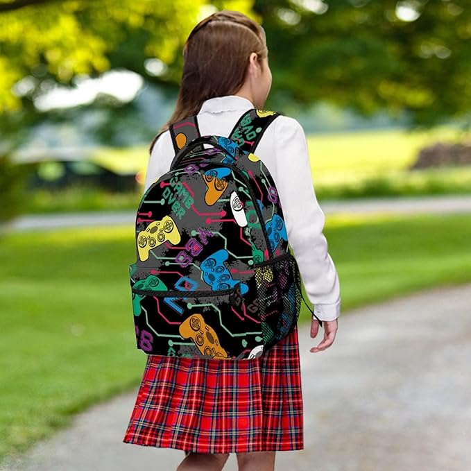 Fiokroo Colorful Game Joysticks Backpack School Bag For Students Teens Men Women Gamer Gamepad Laptop Backpacks Travel Daypack Bag With Multiple Pockets