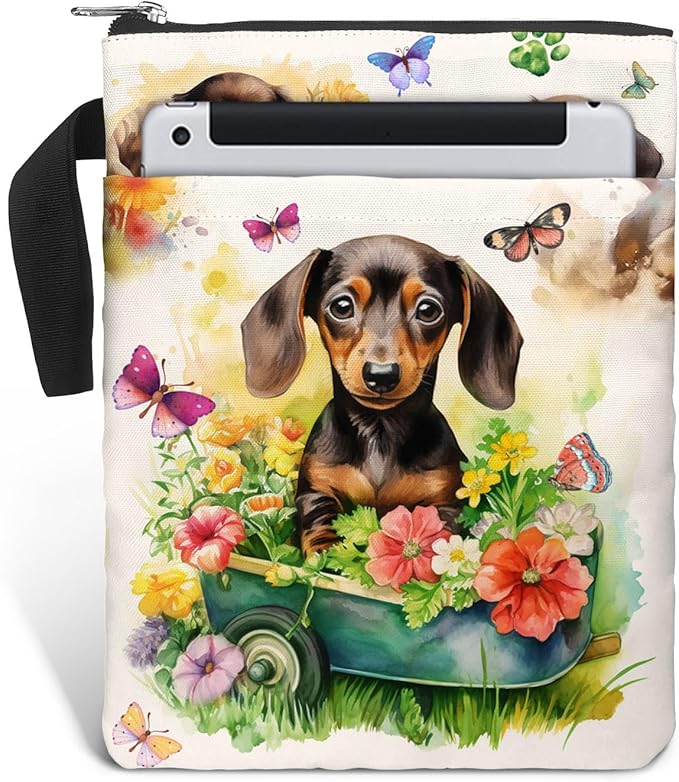 84hoods Book Cover Bag with Zipper and Front Pocket. Flower Garden. Washable Fabric Padded Protector Pouch for Paperbacks. Dachshund and Book Lovers Gift. 11 X 8.5 Inch.