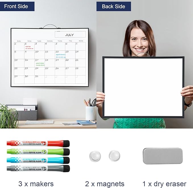 TSJ OFFICE White Board Calendar - 12 X 16 Inches Magnetic Dry Erase Board Monthly Calendar, Double Sided Whiteboard with a Handle, to Do List Notepad for Office, Home, School, Black Aluminum Frame