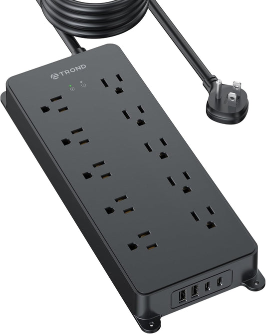 TROND Power Strip Surge Protector, Flat Plug 15ft Long Extension Cord, 10 Widely Spaced AC Outlets, 2 USB A & 2 USB C Ports, 4000J, ETL Listed, Wall Mountable, for Home Office Entertainment, Black