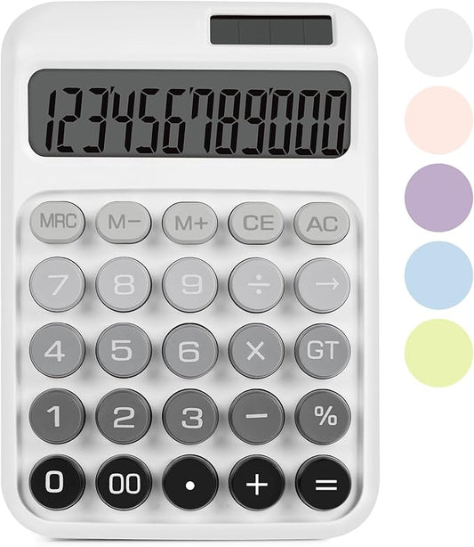 Mechanical Switch Calculator with Big Buttons, Calculators Desktop, 12 Digits, Solar Battery Power, Desk Calculator, Large LCD Display, Cute White Calculator for Teachers Students Basic Office