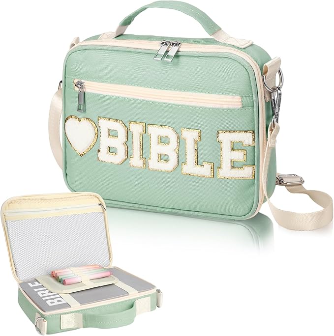 Silkfly Large Chenille Letter Bible Cover for Women Preppy Patch Bible Case Church Bible Bag with Handle(Sage Green)