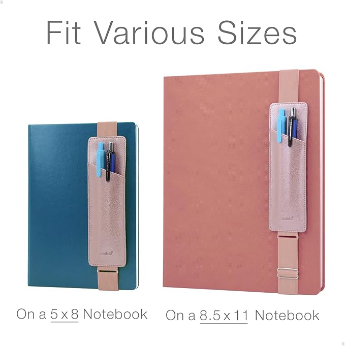 Adjustable Elastic Band Pen Holder, Pencil Holder, Pen Sleeve Pouch for Hardcover Journals, Notebooks, Planners, Binders, Fit Notebooks from 8" to 11” in Height, PU Leather, Detachable, Rose Gold