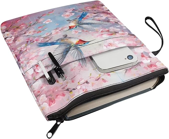 COEQINE Aesthetic Hummingbirds Book Sleeve Pink Cherry Blossom Birds Book Covers for Book Lovers Portable Chain for Library Front Pocket