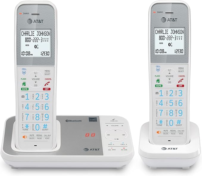 AT&T DAL75211 DECT 6.0 Cordless Home Phone with Smart Call Blocker, Bluetooth Connect to Cell, Digital Answering Machine, Full-Duplex Speakerphone, Expandable to 5 HS (White)