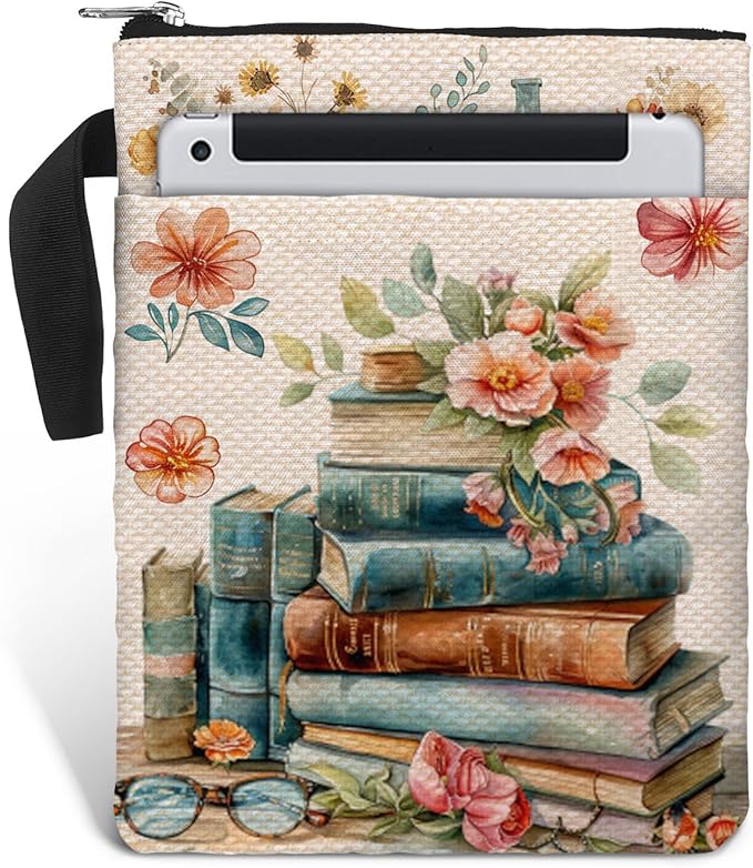Book Cover Bag with Zipper and Front Pocket. Book Sleeve Gift for Book Lovers and Librarians. Washable Fabric 11 X 8.5 Inch Padded Protector Pouch for Paperbacks. Watercolor Art