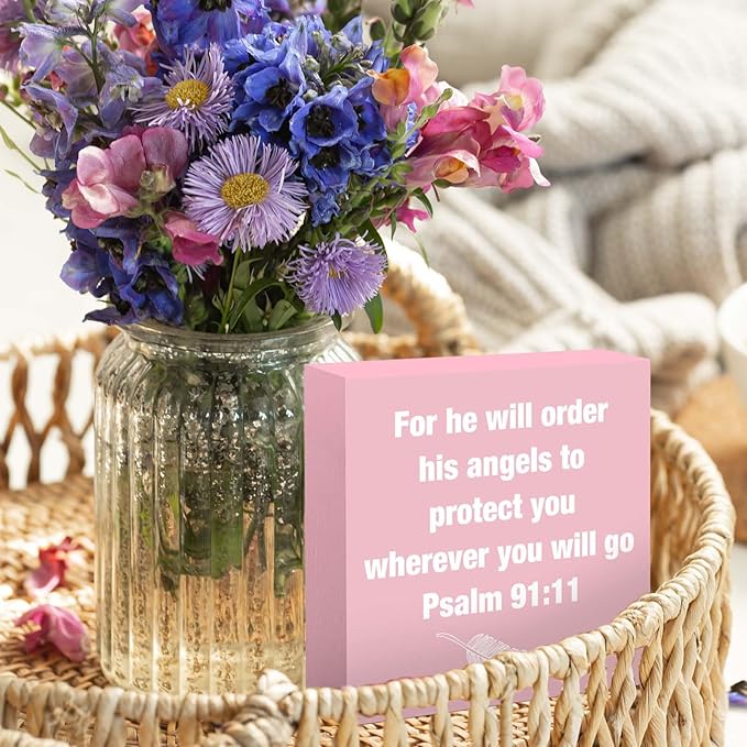 Pink Psalm 91:11 Office Decor Desk Accessories Inspirational Gifts for Women Bible Verse Gifts Pink Christian Office Decor Sign Desk Decorations for Women Home & Office Cute Desk Accessories