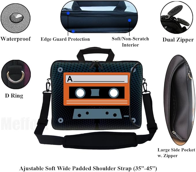 Meffort Inc 17.3 Inch Neoprene Laptop Bag with Extra Side Pocket, Soft Carrying Handle & Removable Shoulder Strap Fit 16" to 17.3" Laptop - Cassette Tape