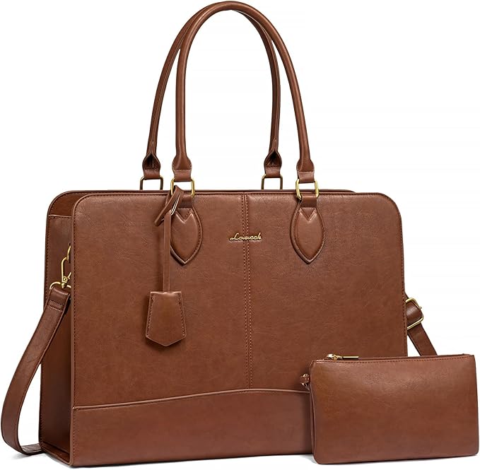 LOVEVOOK Laptop Bag for Women, Work Tote Bags 15.6 inch Computer Bags for Laptops for Women Purse, Large Vintage PU Leather Waterproof Business Office Briefcase, Brown