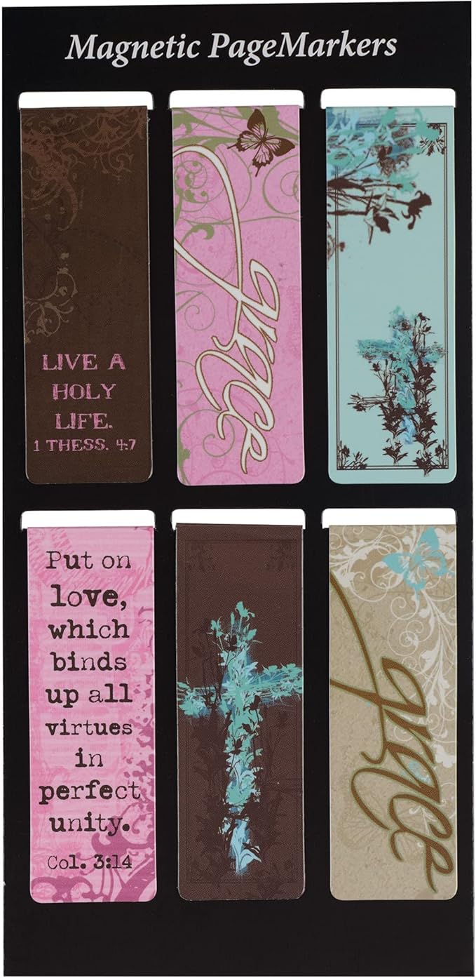 Christian Art Gifts Set of 6 Vintage Floral Grace Inspirational Magnetic Bible Verse Bookmark with Scripture, Size Regular 2.3" X .75"