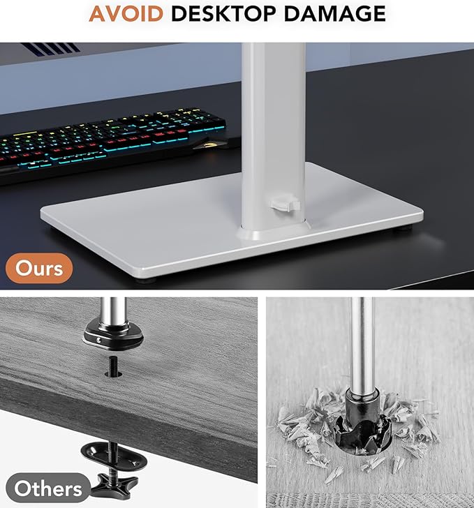 Single LCD Computer Monitor Free-Standing Desk Stand Riser for 13 inch to 32 inch Screen with Swivel, Height Adjustable, Rotation, Holds One (1) Screen up to 77Lbs(HT05W-001) White