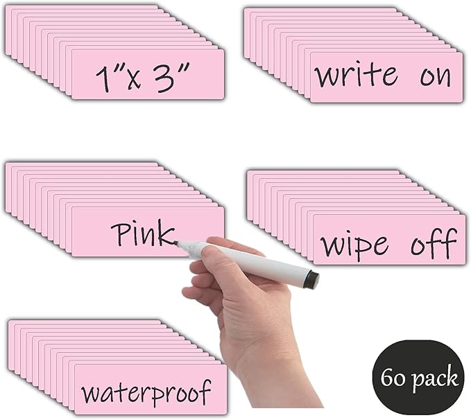 Magnetic Dry Erase Magnets Labels(1x3",Pack of 60),Organizing Schedules in Office/Classroom.Reusable Name Tags on Fridge/White Board,Pastel Colors(Light Pink)