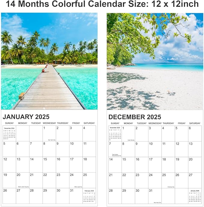 Calendar 2025, Beaches Calendar 2025 from January 2025 - December 2025, 12" x 24" Opened 12 Months Calendar, Full Page Months Thick & Sturdy Paper for Gift Perfect Calendar Organizing & Planning