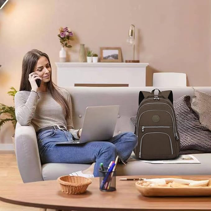 Casual Lightweight Travel Laptop Backpacks Water Resistant Large Nylon Backpack for Men Women Hiking Camping Cycling Packback Daypack, Fits 17.3 Inch Laptop and Notebook - Coffee