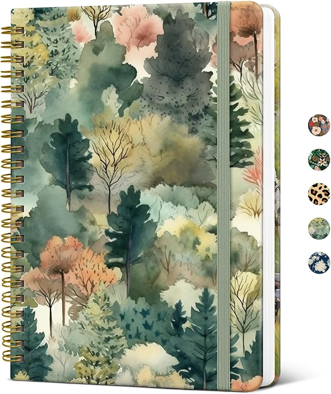 Lined Spiral Journal Notebook for Women, Pretty A5 College Ruled Hardcover Notebook for Work & Note Taking, Cute Aesthetic Journal for Writing, 140 Pages, Misty Woods
