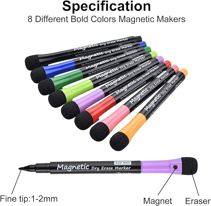 Magnetic Dry Erase Markers - Fine Tip, Assorted Colors, 8 Pack, Low Odor Whiteboard markers for kids, Work On White board & Calendar, Refrigeratorr