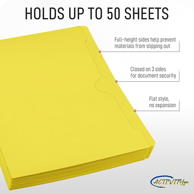 Yellow File Jackets, Flat-No Expansion, Letter Size, Reinforced Straight-Cut Tab, 10 Pack