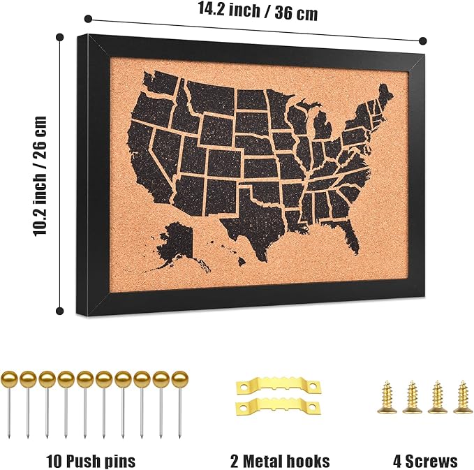 Cork Board Map of The United State, 14" X 11" Bulletin Boards for Walls with 10 Pins, Travel Tracker Map for Office, School and Home (US-MAP-2636)