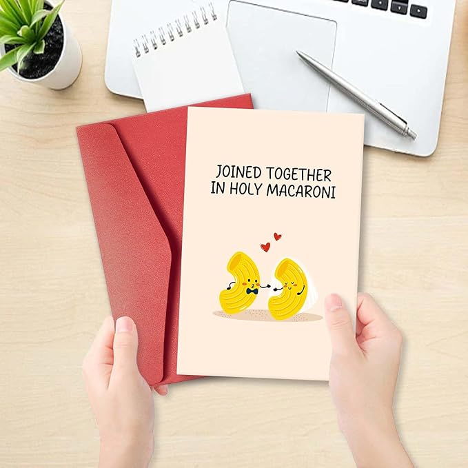 Cute Macaroni Pun Engagement Card, Funny Wedding Card for Bride and Groom, Wedding Gift Card for Newlyweds, Bridal Shower Card for Him Her, Joined Together in Holy Macaroni