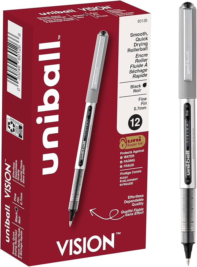 Uni-Ball Vision Rollerball Pens, Black Pens Pack of 12 - 0.7mm Fine Point Medium Black Ink - Teacher Pen, Japanese Pens, Smooth Writing Pens, Journaling Pens, School & Office Supplies