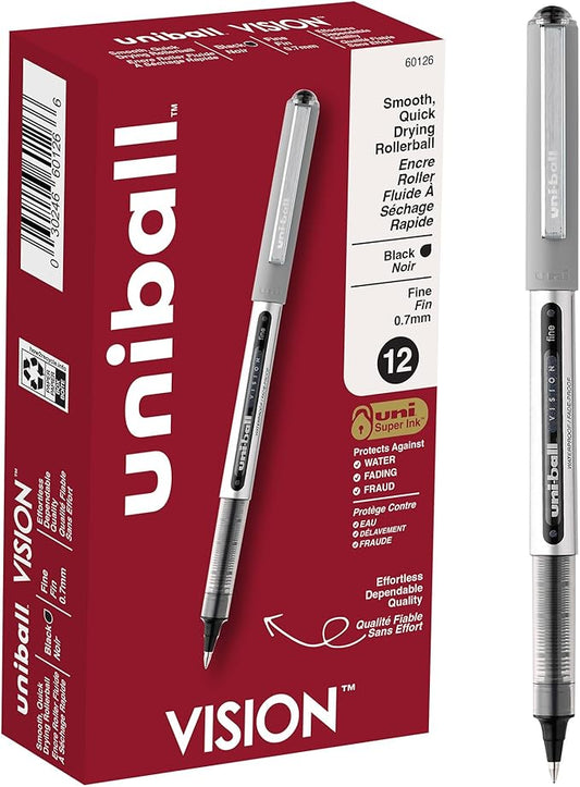 Uni-Ball Vision Rollerball Pens, Black Pens Pack of 12 - 0.7mm Fine Point Medium Black Ink - Teacher Pen, Japanese Pens, Smooth Writing Pens, Journaling Pens, School & Office Supplies