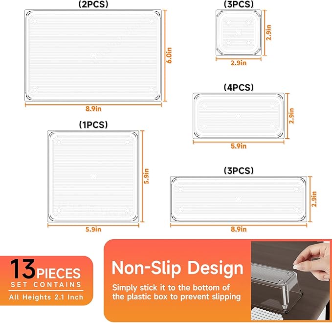Utility Drawer Organizer Set of 13,With Non-Slip Silicone Pads, 5 Size Small Bins for Organization for Bathroom、Vanity、Nightstan、Kitchen、Office Desk Clear Plastic Organizing Containers for Drawers