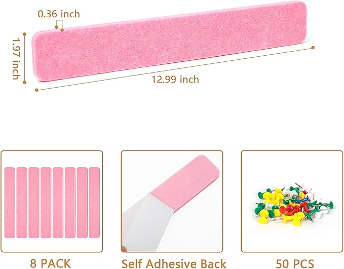 Felt Pin Board Bar Strips Bulletin Board for Bedrooms Offices Home Wall Decoration, Notice Board Self Adhesive Cork Board with 35 Push Pins for Paste Notes, Photos, Schedules (Multi- Purple)