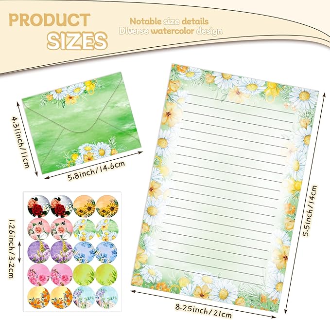 TaoBary 160 Packs Stationery Paper Set (50 Double Sided Stationery Writing Papers 50 Matching Envelopes) 60 Round Dot Sticker, 10 Design(Flower,5.5 x 8.25 Inch)