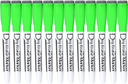 Volcanics Magnetic Dry Erase Markers With Eraser Cap Whiteboard Markers Low Odor Fine Tip Whiteboard Pens for Kids,Thin Box of 12, Green