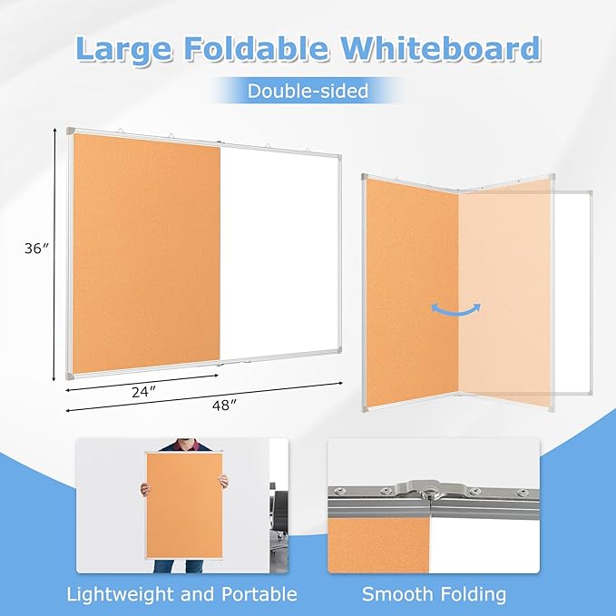 DOLLAR BOSS Foldable Cork Board White Board Combo 48 x 36 Inch Extra Large Magnetic Whiteboard Dry Erase Bulletin Board Portable Double Sided Aluminum Frame Pin Board Back to School Supplies