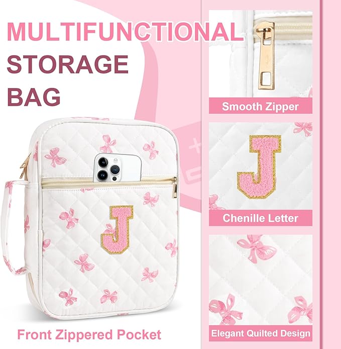 Personalized Initial Bible Cover Case for Women Girls Kid - Large Quilted Bible Case with Handle, Stylish Chenille Letter Bag Study Supplies, Perfect Christmas Gifts for Christians Women (Pink Bow-J)