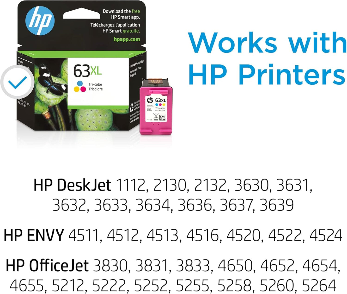 HP 63XL Tri-color High-yield Ink Cartridge | Works with Printer Series: DeskJet 1112, 2130, 3630; ENVY 4510, 4520; OfficeJet 3830, 4650, 5200 | Eligible for Instant Ink | F6U63AN