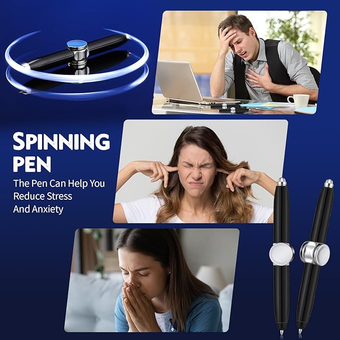 Chinco 2 Pieces Fidget Spinning Pen with LED Light Multi Functional Help Thinking Ballpoint Gift Pen for Adults Students Teenage(Black)