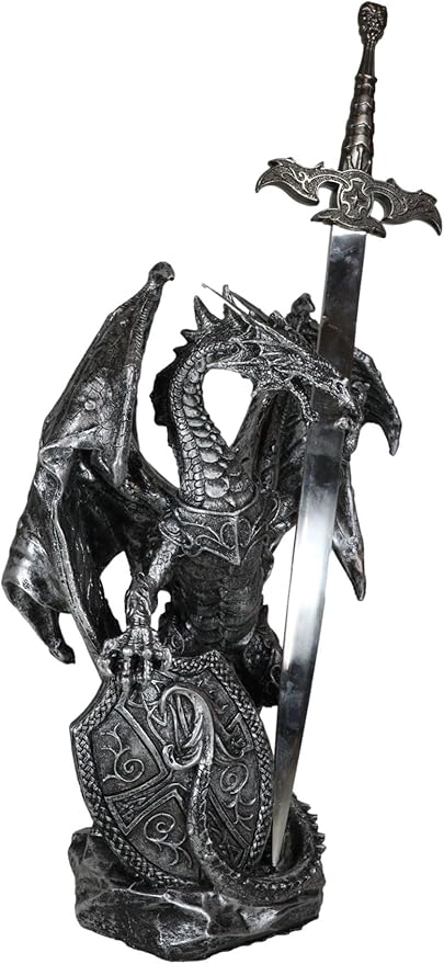 Ebros Gift Legendary Silver Coat of Arms Knight Dragon Holding Heraldry Plague Shield and Druid Sword Letter Opener Figurine Home and Office Decorative Sculpture Medieval Dungeons and Dragons Fantasy