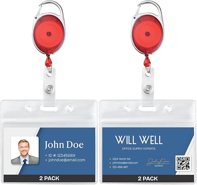 Will Well ID Badge Holders with Clip and Keyring - Horizontal Clear Plastic 3.7" x 2.5" Sleeves Fit Up to 3 Cards - Retractable 24" UHMWPE Fiber Pull Cords - 2-Pack, Transparent Red Reels