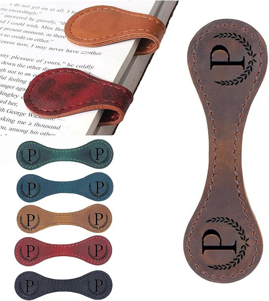 Personalized Magnetic Leather Bookmark, 26 Letters Custom Leather Bookmarks, Handmade, Leather Magnetic Bookmark for Book Lovers Readers Women Kid(Brown，P）