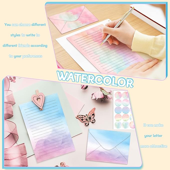 TaoBary 160 Packs Stationery Paper Set (50 Double Sided Stationery Writing Papers 50 Matching Envelopes) 60 Round Dot Sticker, 10 Design(Watercolor,5.5 x 8.25 Inch)