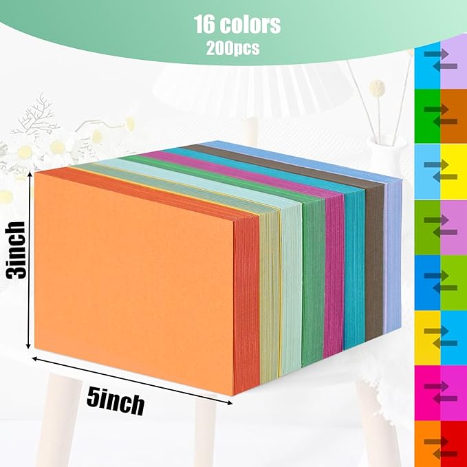 Colored Index Cards 3 x 5 Inch, 200 Pack Blank Flash Cards, 8 Assorted Colors, for School Classroom Supplies, Work Supplies