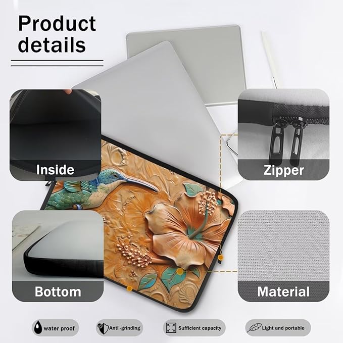 Hibiscus Hummingbird Printed Computer Case Bag for Girls Boys, Washable 13 Inch Laptop Bag Carrying Case Laptop Briefcase Neoprene with Zipper, Compatible with Various Computers, Pink