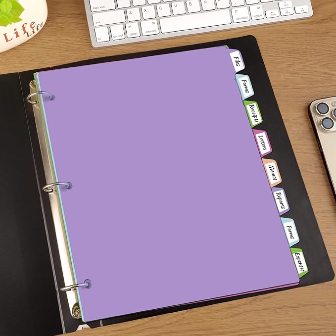 HABGP 24Pcs/3 Set Binder Dividers with Tabs, 8 Color Tab for 3 Ring Binder Dividers, Page Folder Dividers for 3 Ring Binder Sheet Paper Protectors, Plastic Tabbed File Dividers with Tabs