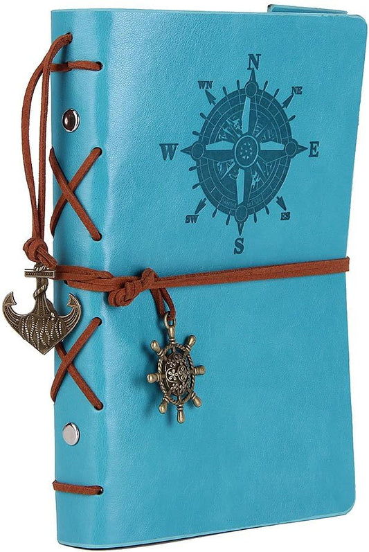 EvZ Leather Writing Journal Notebook, 7 Inches Vintage Nautical Spiral Blank String Diary Notepad Sketchbook Travel to Write in, Unlined Paper, Retro Pendants, Classic Embossed, Sky Blue