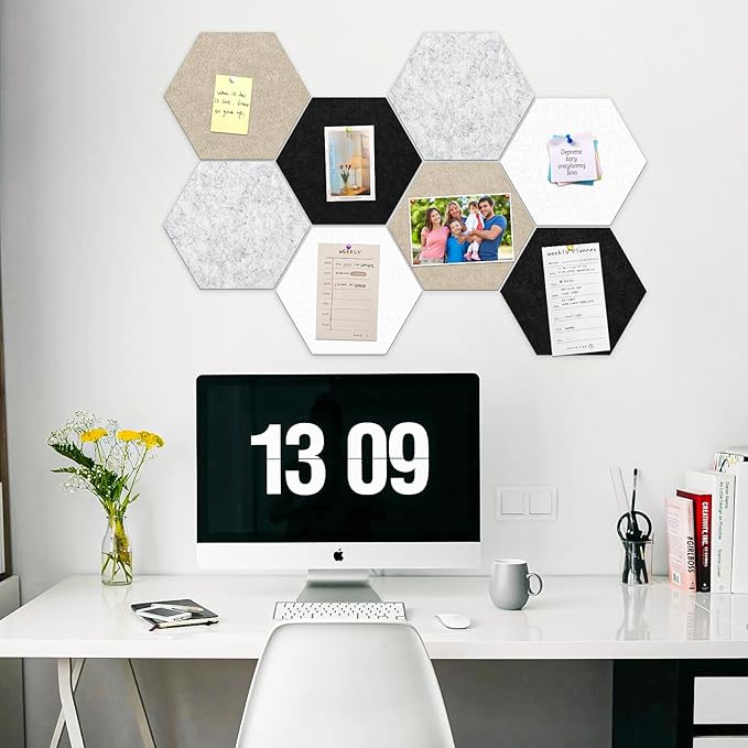 12" Large Bulletin Board with 30 Push Pins, Pack of 8 Hexagon Felt Pin Board Notice Boards for Home Office Kitchen, Felt Wall Tiles for Photos Memos