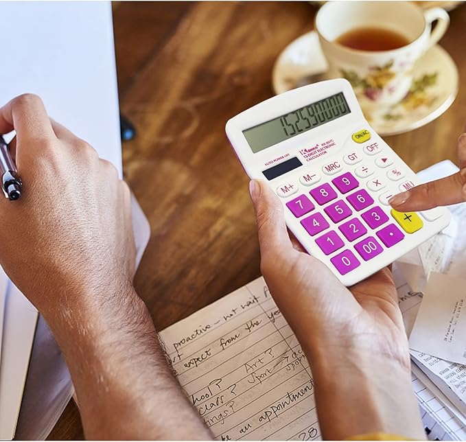 QPEY Calculators, 12-Digit Battery Office Basic Desk Desktop Calculators with Large LCD Display Big Sensitive Button (Pink)