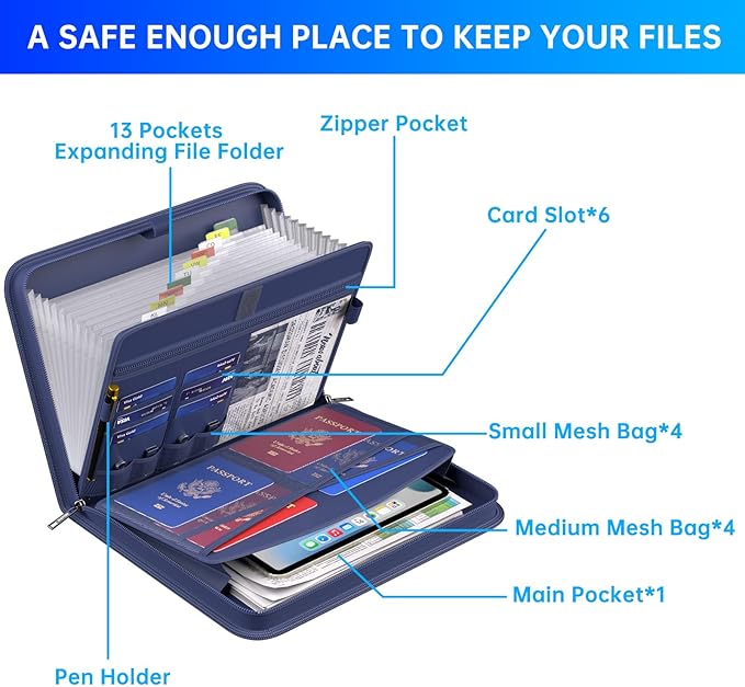 ENGPOW Accordion File Organizer,Fireproof Expanding File Folder with Multi Pockets,13 Pockets Document Organizer with Handle & Labels,Portable Home Travel Safe Storage Folder for Letter A4 Files,Blue