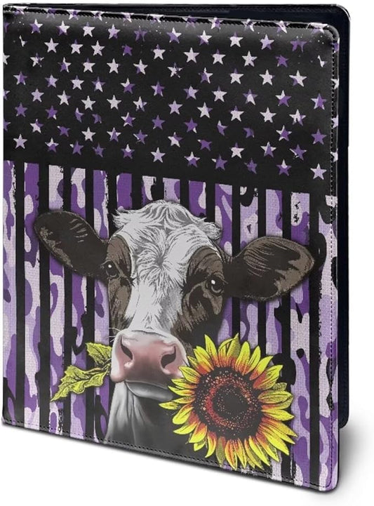 Office Folder American Flag Cow Sunflower Print PU Leather Padfolio with A4 Size Clipboard Clip for Business Resume Interview Document Sleeve Binder Folder