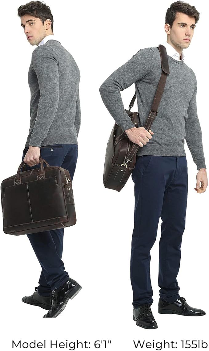 Polare Leather Briefcase for Men Business Travel Messenger Bags 15.6 Inch Laptop Bag YKK Metal Zipper