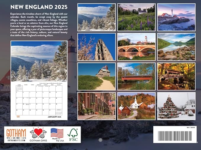 New England Calendar 2025 Monthly Wall Calender 12 Month | American Made In The USA