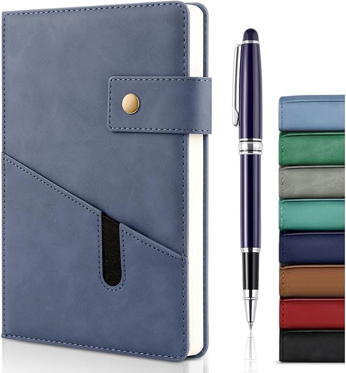 A5 Leather Journal Notebook with Pen, 200 Pages Hardcover Journal with Pocket, 100gsm Thick Lined Paper Daily Diary for Men and Women, Great Gift for Business School Travel Personal - Blue