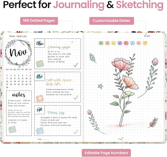 Bullet Dotted Journal Notebook for Women & Men, Hardcover Leather Journal for Writing, A5 Bullet Journaling Notebook for Work & Sketching, Perfect for Office School Home Supplies, 160 Pages, Garden