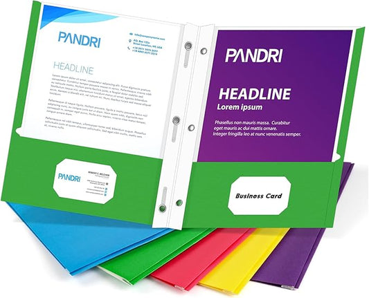 Two Pocket Folders, PANDRI 100 Pack Two Pocket Folders with Prongs, Designed for Office and Classroom, Assorted 5 Colors 2 Pocket 3 Prong Folders
